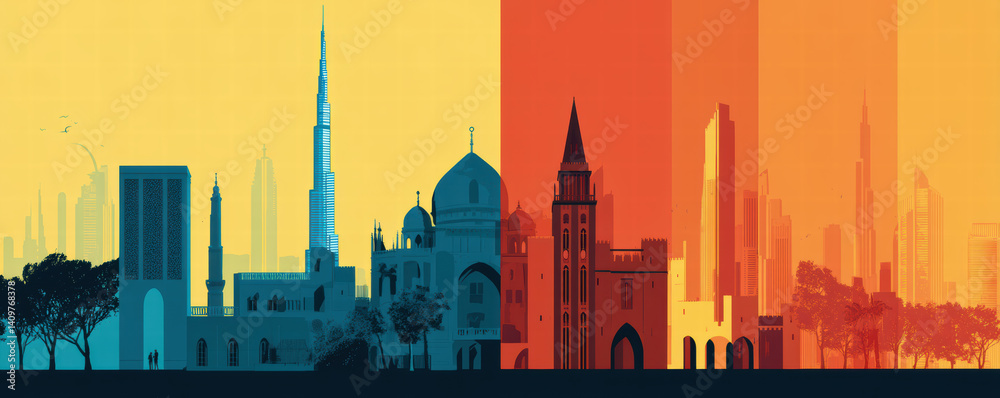 Naklejka premium vibrant skyline illustration showcasing iconic buildings contrasting colors, symbolizing urban diversity and architectural