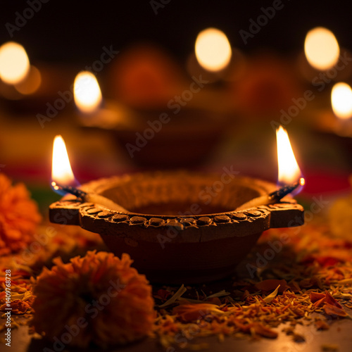Set of Two Lit Diya Lamps f...