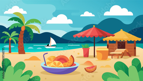 In a hidden cove a secluded beach club serves up a unique twist on seafood tacos with a tropical fruit salsa and a side of y fried calamari.. Vector illustration