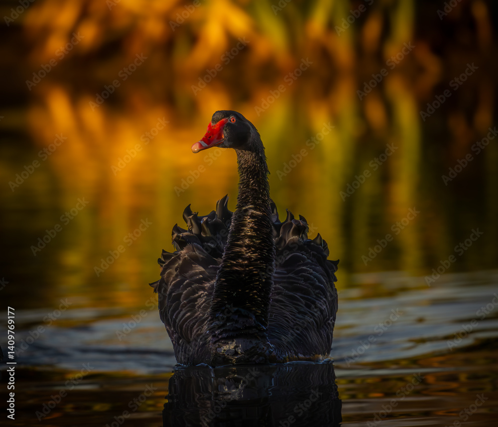 Fototapeta premium Blackswan gliding through a golden hour.