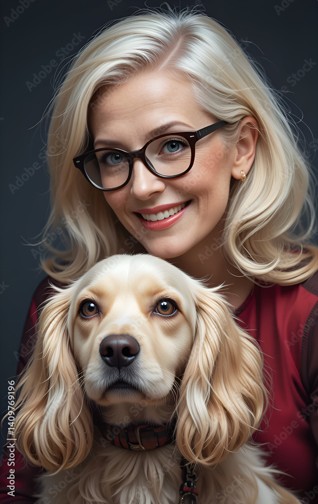 beautiful mature stylish blond lady with her creamy Spaniel dog. life style concept. Ai generated
