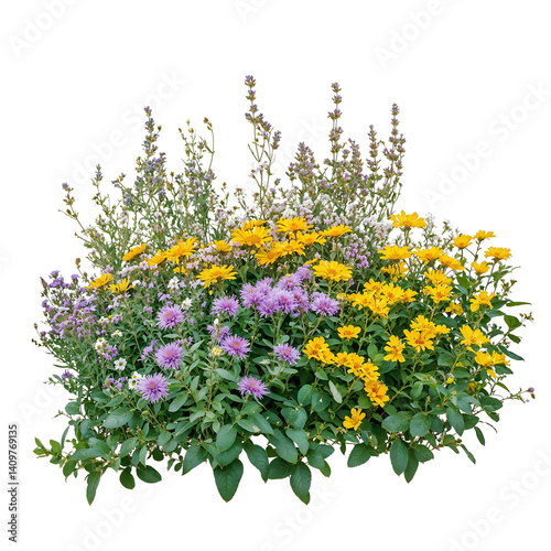 Fototapeta Naklejka Na Ścianę i Meble -  Isolated flowering shrub with purple, yellow and green plants on transparent background, showcasing diverse blooms ideal for garden borders and mixed landscaping