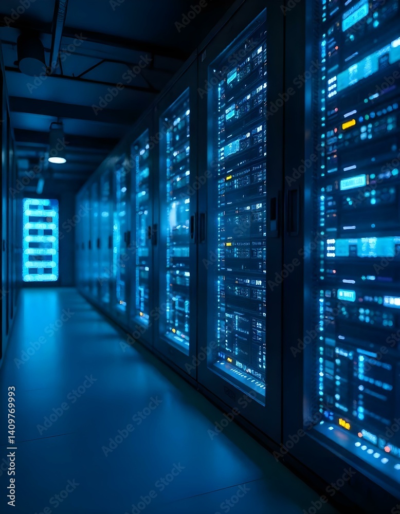 Obraz premium A futuristic data center with multiple server racks glowing in blue light. The servers are sleek, modern, and interconnected, with LED indicators and cooling fans visible.