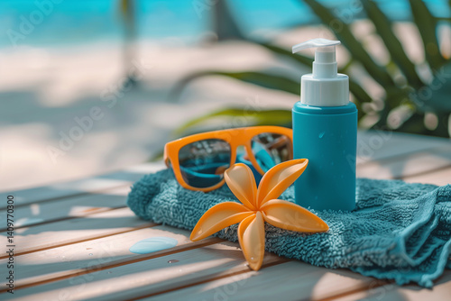 Sunscreen on the Beach – Sun Protection Essentials for a Safe Day Under the Sun. A bottle of sunscreen placed on sandy beach with the ocean in the background photo