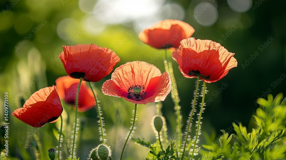 Obraz premium Bright Red Poppies in Sunlight with Soft Green Background