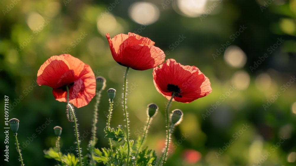 Fototapeta premium Vibrant Red Poppies Blooming in Soft Natural Light in a Garden