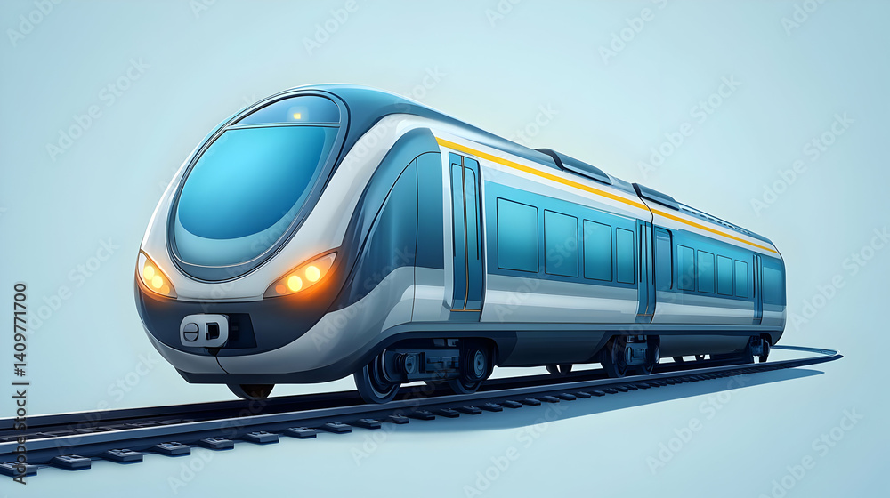Fototapeta premium Pixelated Blue and White High Speed Train on Tracks Against a Light Blue Background with Subtle Shadows