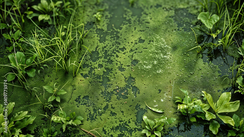 Vibrant pond ecosystem with emerald duckweed and aquatic plants surrounding calm water. Various green foliage emerges from the surface, creating a lush wetland habitat rich with biodiversity