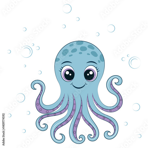 Cute octopus on white background. Funny underwater animal with tentacles. Children's character. Vector flat cartoon illustration