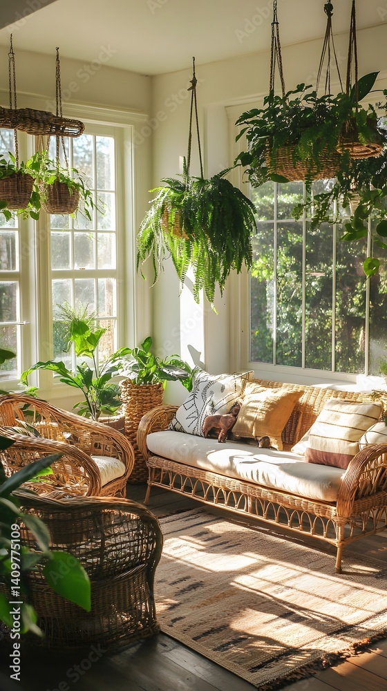 Fototapeta premium Bright sunroom with rattan furniture and hanging plants