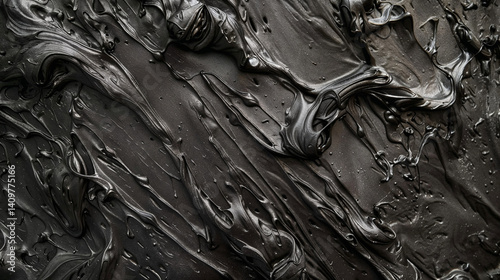 Glossy black oil paint texture with viscous swirls and thick brush strokes creating an abstract artistic surface with metallic sheen and flowing sculptural quality.