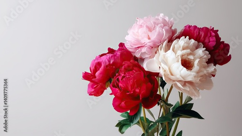 Fototapeta Naklejka Na Ścianę i Meble -  A bouquet of red, pink, and white peonies blooms on an isolated light gray background, and the three different shades of each flower show depth and visual interest.