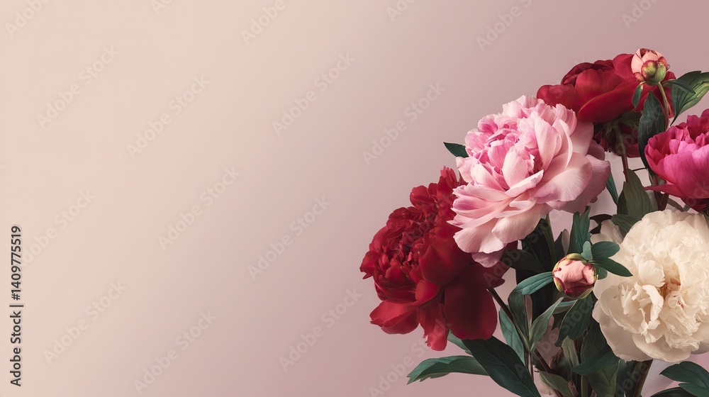 A bouquet of red, pink, and white peonies blooms on an isolated light gray background, and the three different shades of each flower show depth and visual interest. A bouquet of red, pink, and white peonies blooms on an isolated light gray background, and the three different shades of each flower show depth and visual interest.