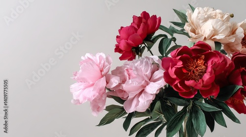 Fototapeta Naklejka Na Ścianę i Meble -  A bouquet of red, pink, and white peonies blooms on an isolated light gray background, and the three different shades of each flower show depth and visual interest.