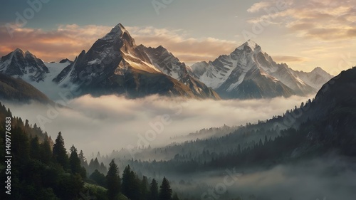 The mountains are covered in a layer of mist, which is thicker in the valleys and thinner on the peaks.