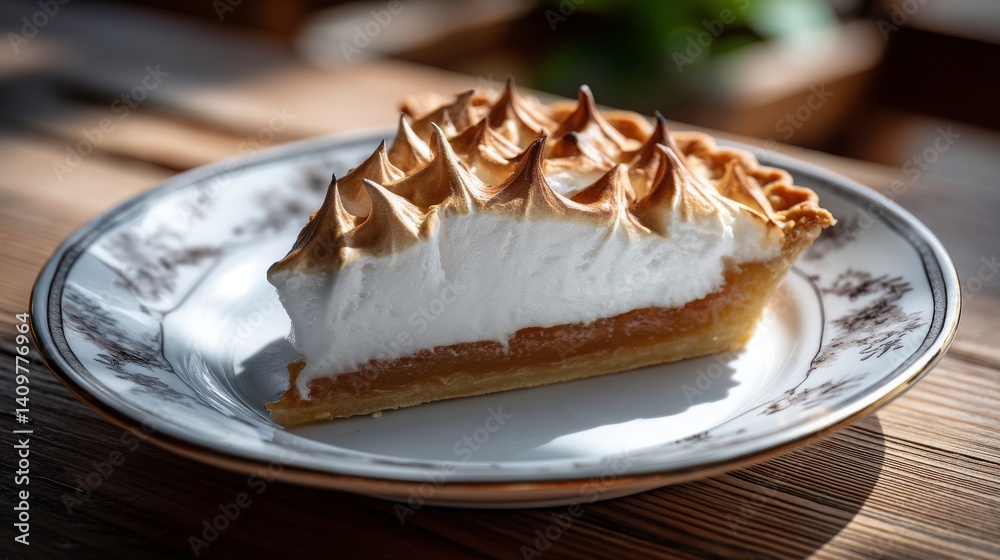 Delicious Slice of Meringue Pie on Elegant Plate with Warm Light Delicious Slice of Meringue Pie on Elegant Plate with Warm Light