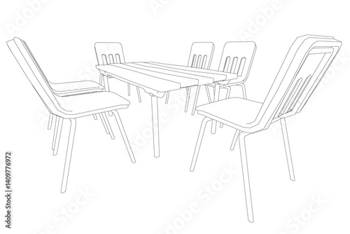 A black and white drawing of a table with four chairs around it. The chairs are all lined up and facing the table. The table is large and rectangular