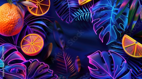 Neon electric colored glowing tropical palm and monstera leaves with fruit slices on dark background with copy space