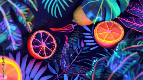 Neon electric colored glowing tropical palm and monstera leaves with fruit slices on dark background with copy space
