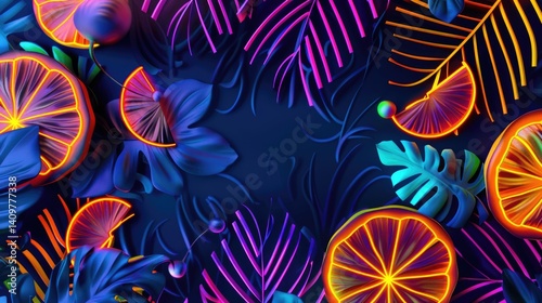 Frame of neon electric colored glowing tropical palm and monstera leaves with fruit slices on dark background with copy space