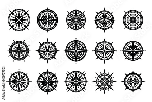 An illustration featuring a black compass silhouette set against a clean white background showing a compass rose with detailed directional points.
