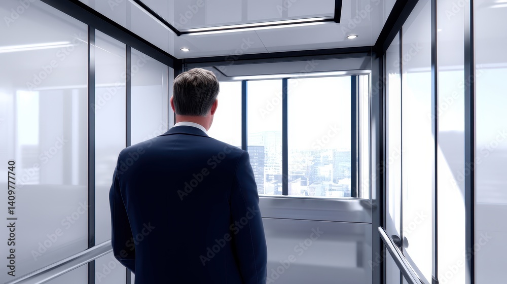 Fototapeta premium Businessman in a sleek elevator gazing at a city skyline through large windows