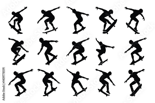Silhouette set of skateboarders performing tricks and jumps, collection of black skateboarding action poses
