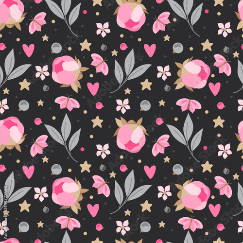 Seamless pattern with flowers, flowers and butterflies. Hand drawn vector illustration.
