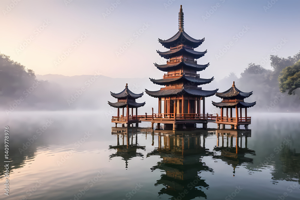 Fototapeta premium Tranquil pagoda standing in misty lake at dawn reflecting its serene beauty on calm water surface Generative AI