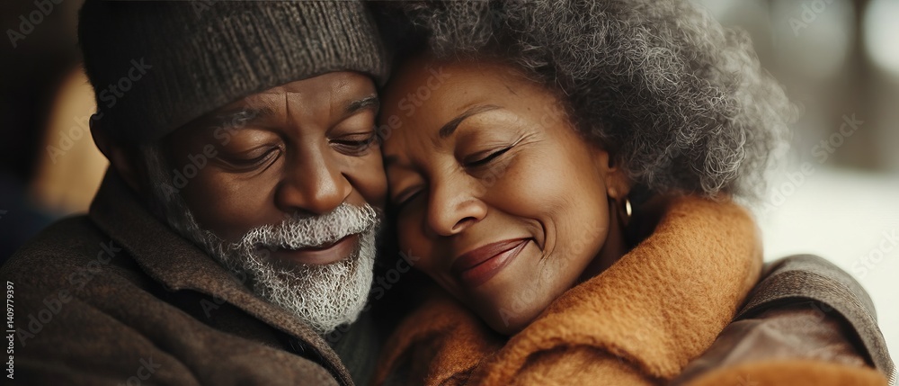 Joyful Senior Black Couple Hugging in Cozy Home Environment