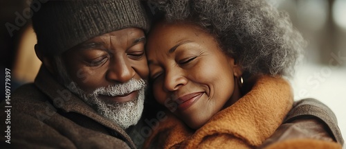 Joyful Senior Black Couple Hugging in Cozy Home Environment