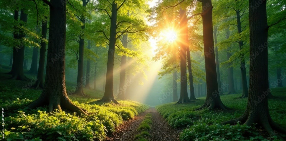 Obraz premium Panorama of a forest with sunlight filtering through the trees, woods, scenery, nature