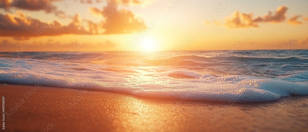 Vacation travel tourism banner, closeup sea sand beach. Panoramic beach landscape. Inspire tropical beach seascape horizon. Sunset sky calmness tranquil relaxing sunlight summer mood