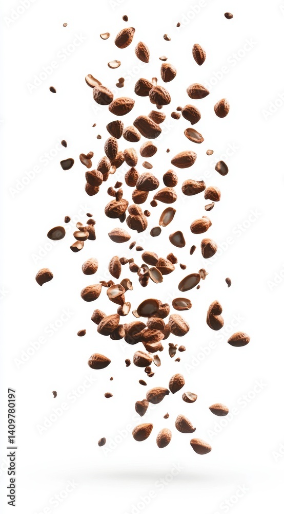 Obraz premium Falling Coffee Beans on White Background for Culinary Use