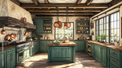 Rustic green kitchen, farmhouse style, sunlit, wooden beams, cooking