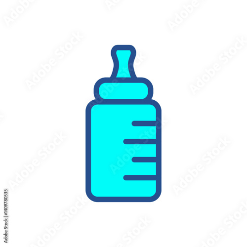 A blue baby bottle with a blue cap sits on a white background