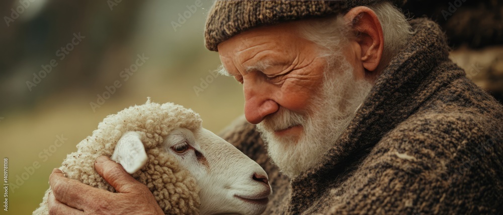 Elderly Farmer Touching Sheep with Care – Rural Life and Sustainability Concept
