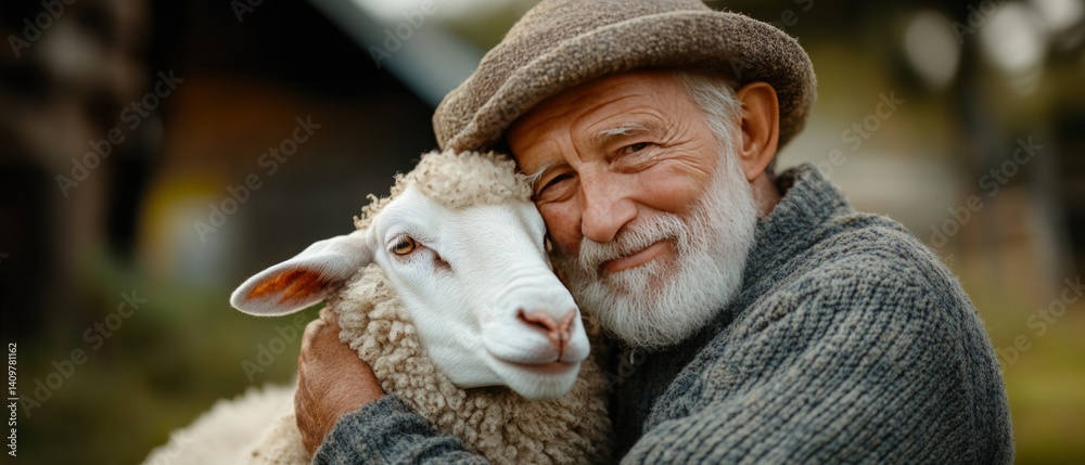 Elderly Farmer Touching Sheep with Care – Rural Life and Sustainability Concept