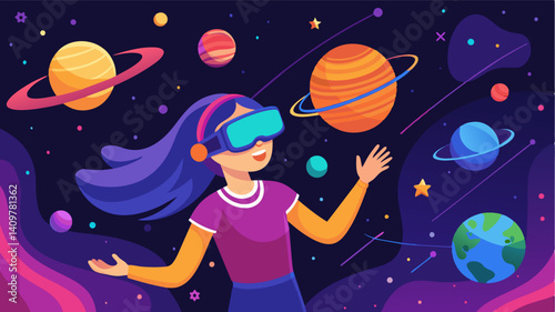 A girl using virtual reality technology to explore different environments and learn about space during an astronomy workshop.. Vector illustration