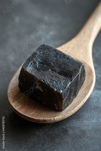 A thick, glossy piece of shilajit resin resting on a wooden spoon against a dark background