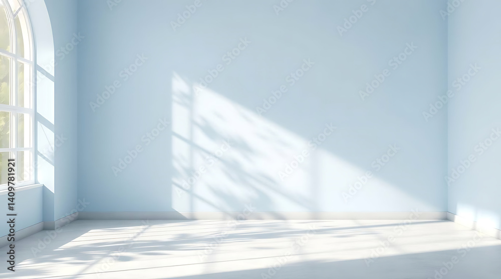 Obraz premium Empty blue room studio with shadow of leaves on concrete wall and floor for product presentation. Sunlight effect shadow. Minimal summer backdrop. Cosmetic, beauty and fashion showroom