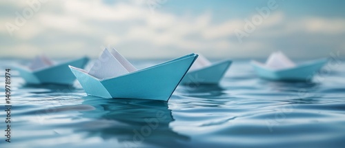 Obraz na płótnie Leadership Concept with Paper Boat Guiding Fleet – Teamwork and Cooperation Metaphor w salonie