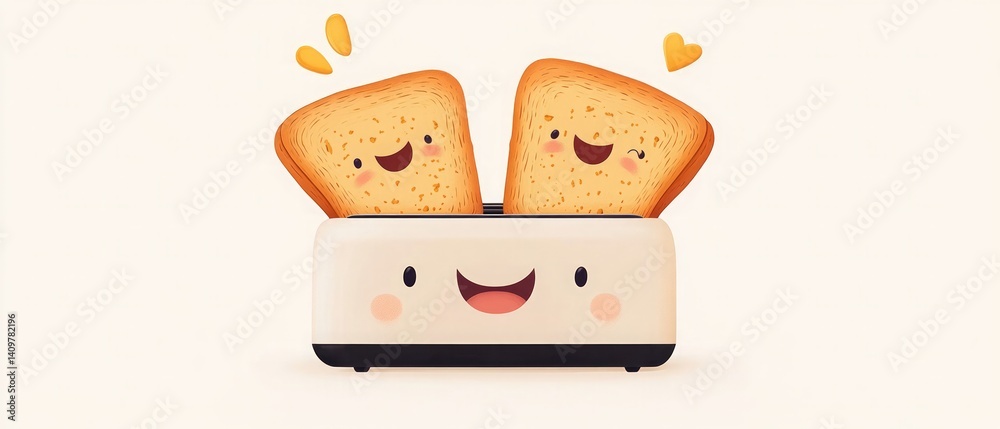 Cute Cartoon Toaster Smiling with Popping Toast – Fun Breakfast Concept