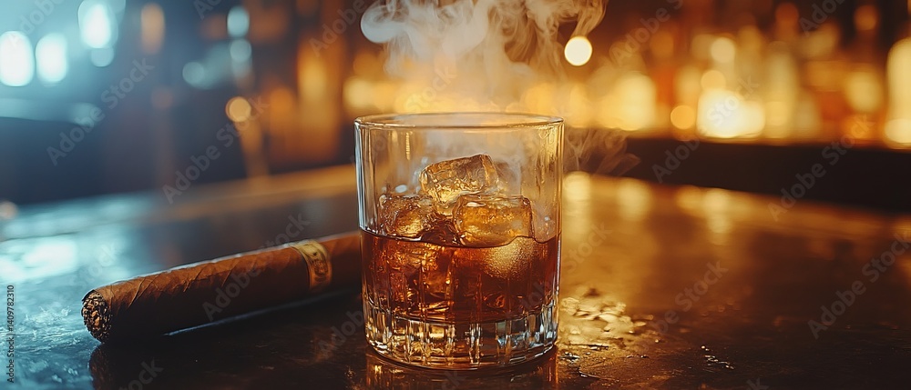 A bottle and a glass of whiskey with ice and a steaming Cuban cigar