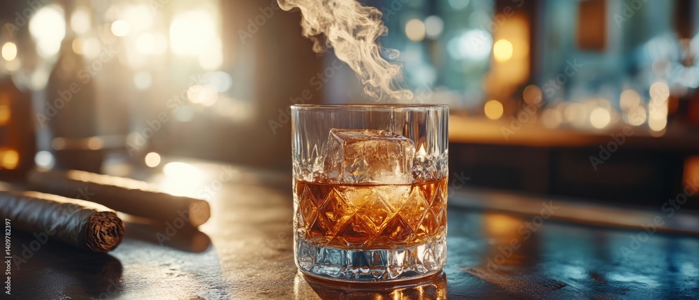 A bottle and a glass of whiskey with ice and a steaming Cuban cigar