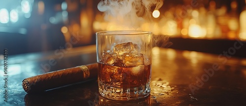 Obraz na płótnie A bottle and a glass of whiskey with ice and a steaming Cuban cigar w salonie