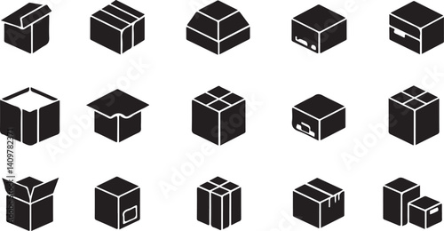 This image showcases a collection of simple, black-and-white vector illustrations of different box shapes, including cubes, rectangular prisms, and cylinders.