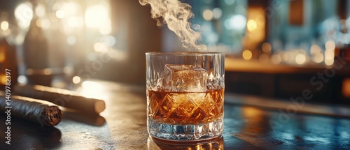 Obraz na płótnie A bottle and a glass of whiskey with ice and a steaming Cuban cigar w salonie