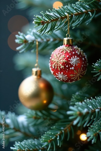 Gold ornaments draped over a frosted evergreen branch with snowflakes, holly, Christmas elements