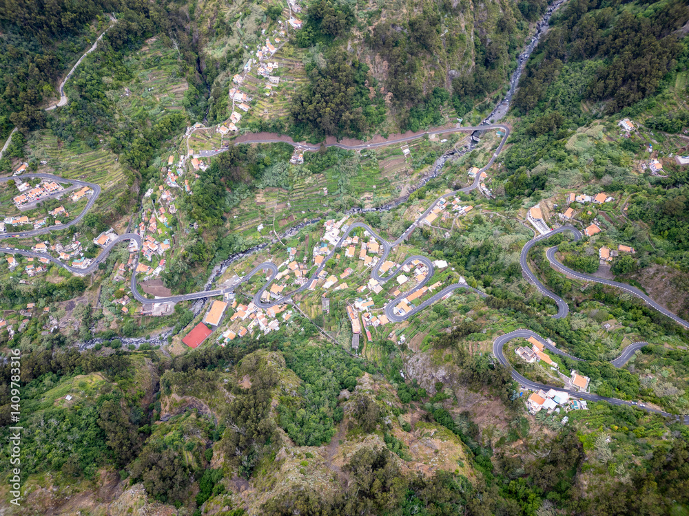 Hairpin road in Valley of the Nuns - Curral das Freiras, Madeira Island, Portugal